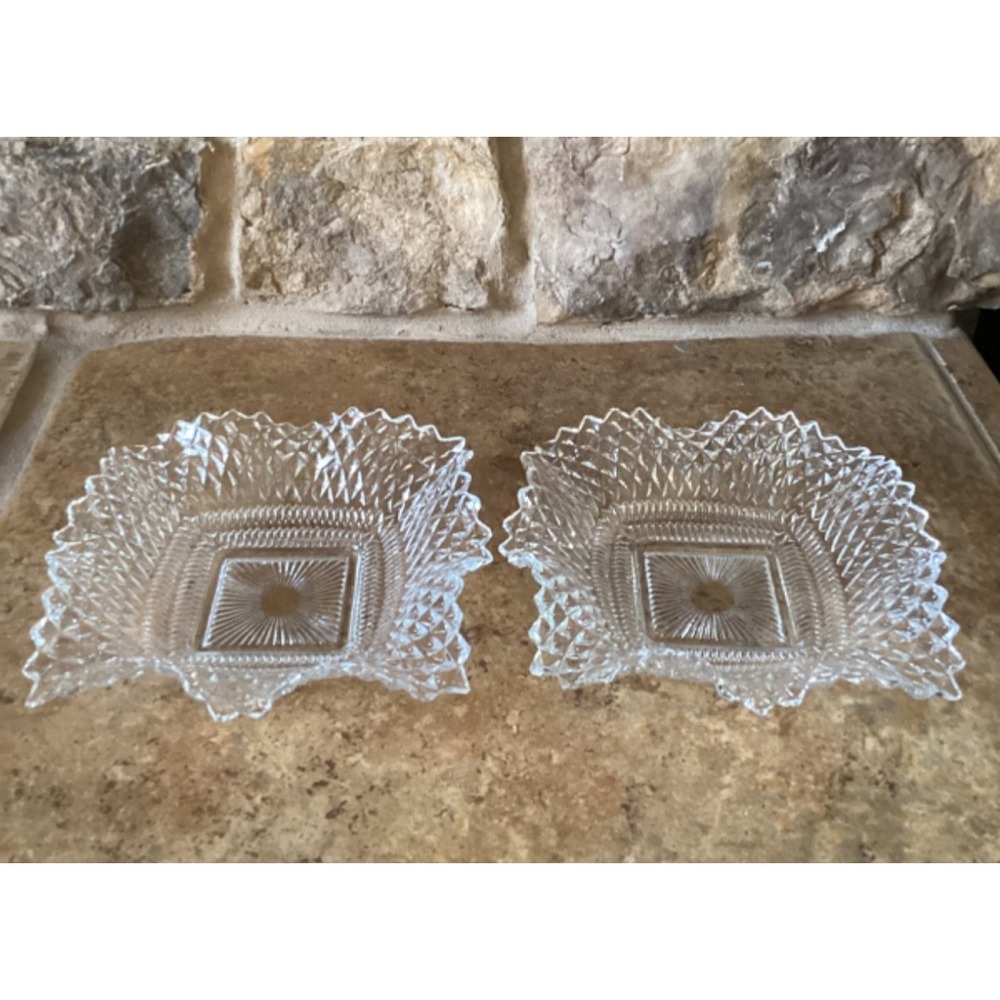 Vintage Set Of 2 Clear Indiana Glass Diamond Ruffle Edge Candy Nut Dish 6.5"
